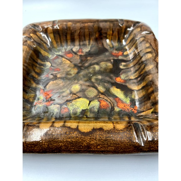 Vintage MCM Ceramic Ashtray Brown Multi Color 12" Square Cigar Ashtray - Picture 4 of 7